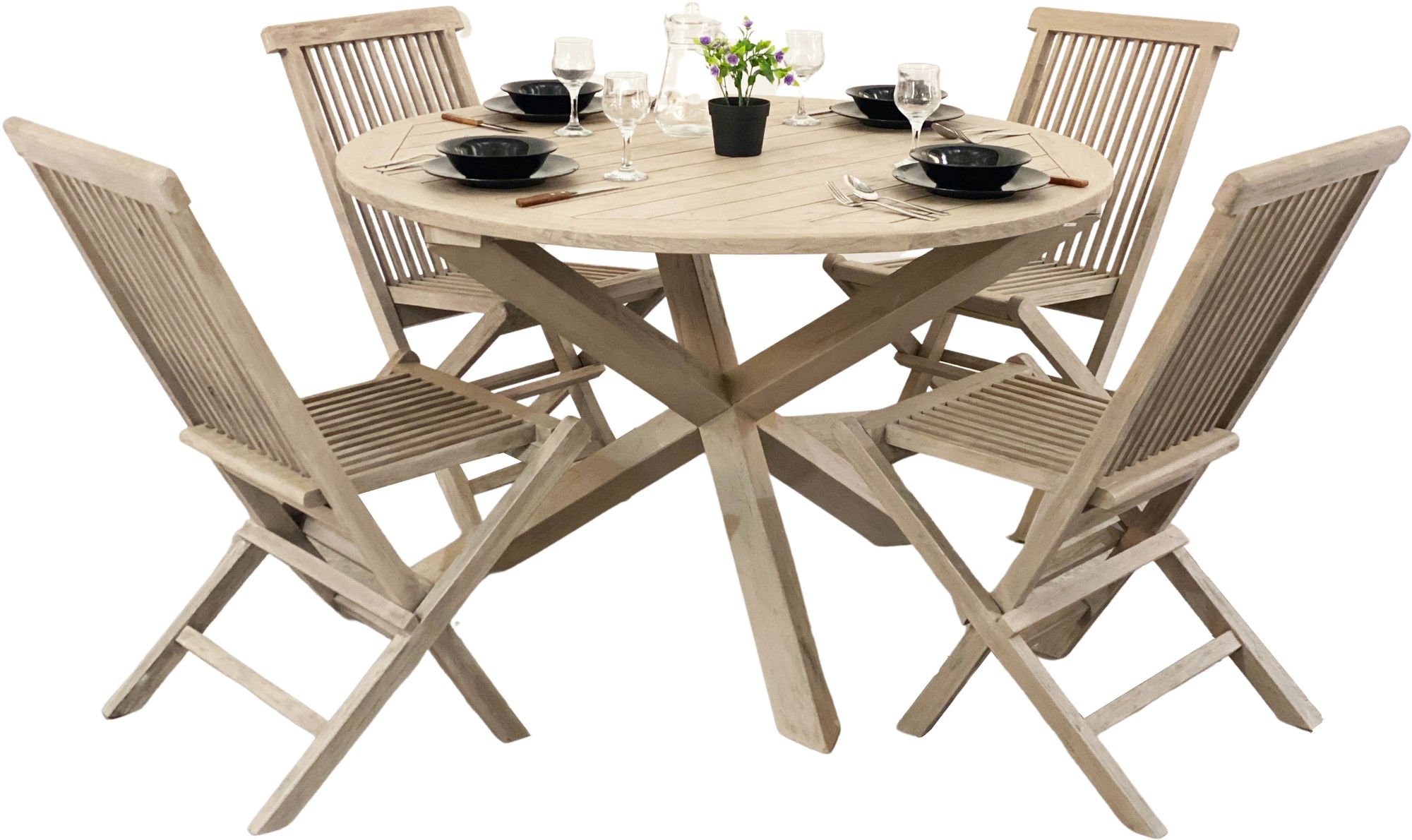 Salt� rundt spisebord i gr� teak - 120 cm diameter