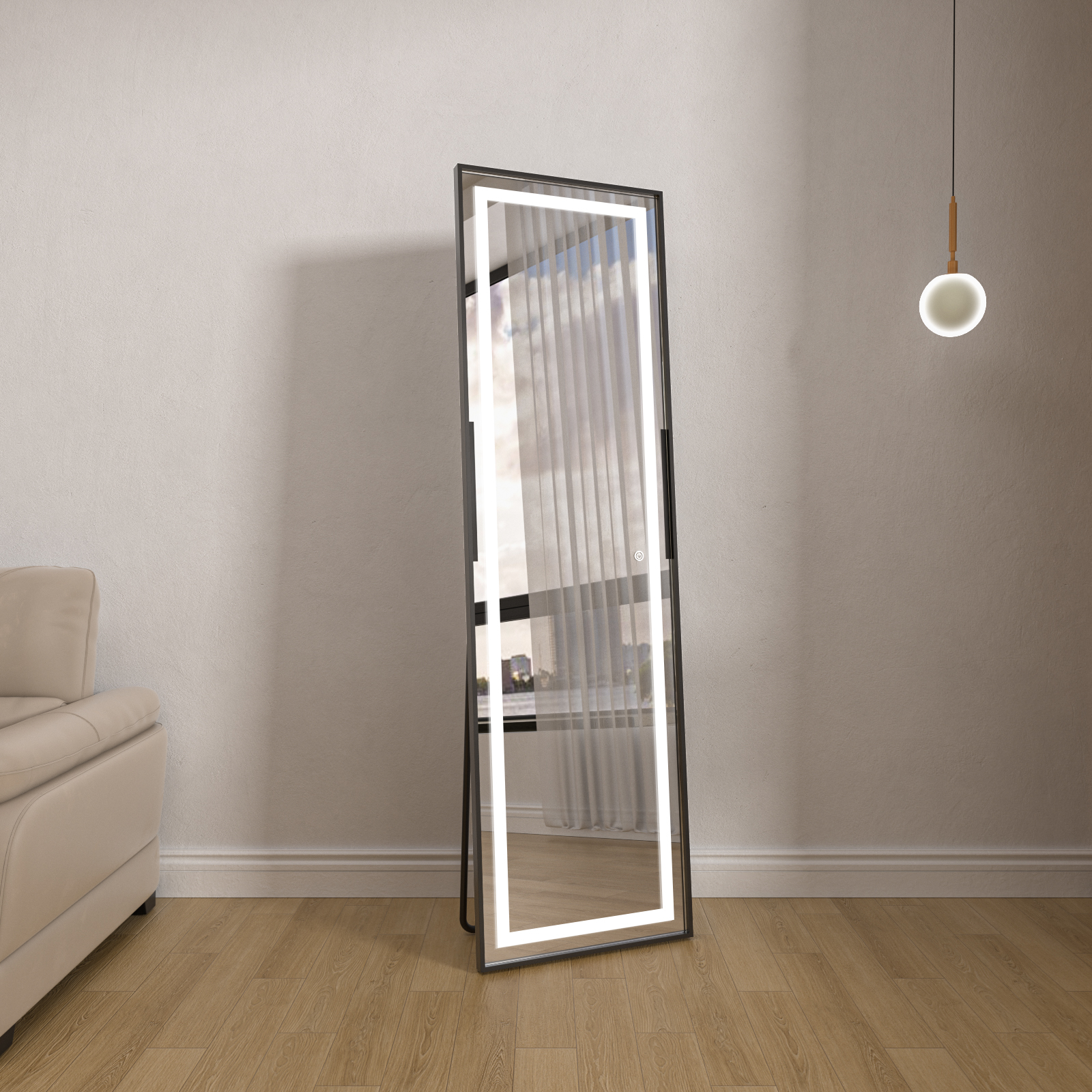 Stående LED-speil Teramo med sort ramme Stående LED-speil Teramo med sort ramme