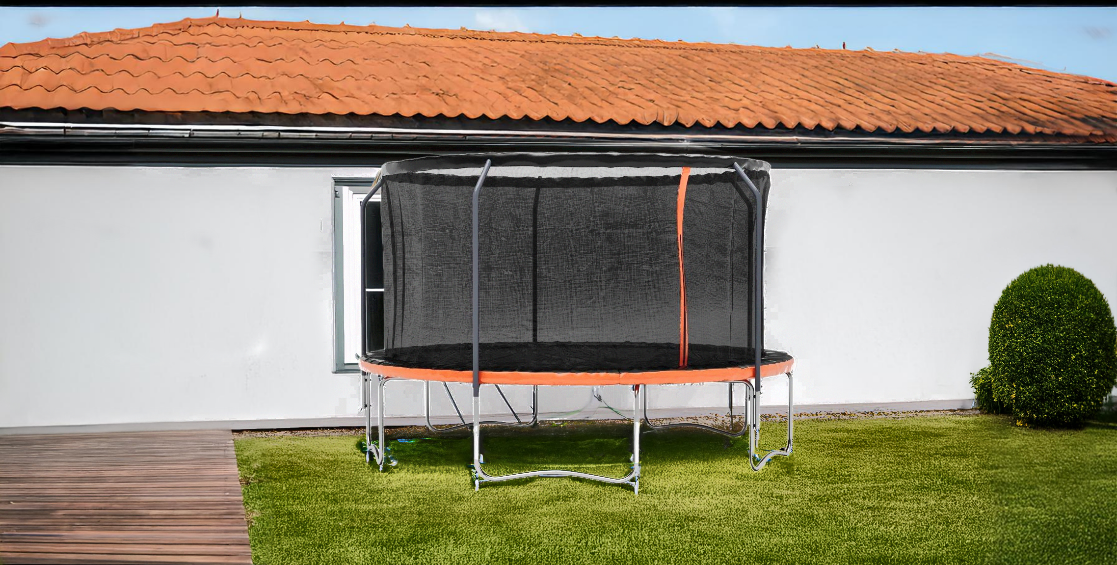 Trampoline med sikkerhetsnett svart/oransje + Stige til trampoline Trampoline med sikkerhetsnett svart/oransje + Stige til trampoline