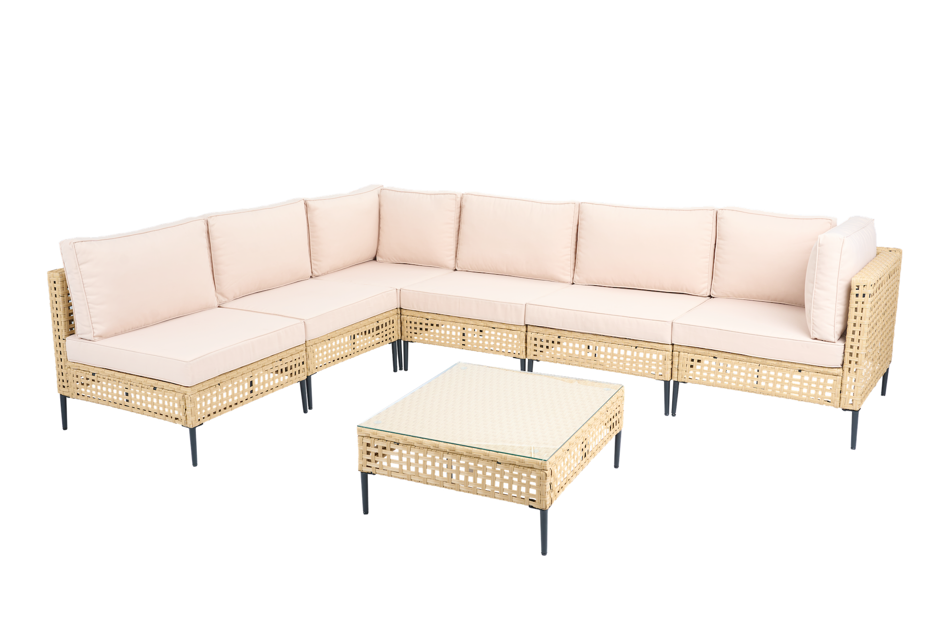 Stor utend�rs hj�rnesofa med bord | Loungesett i kunstrotting | Kremfarget