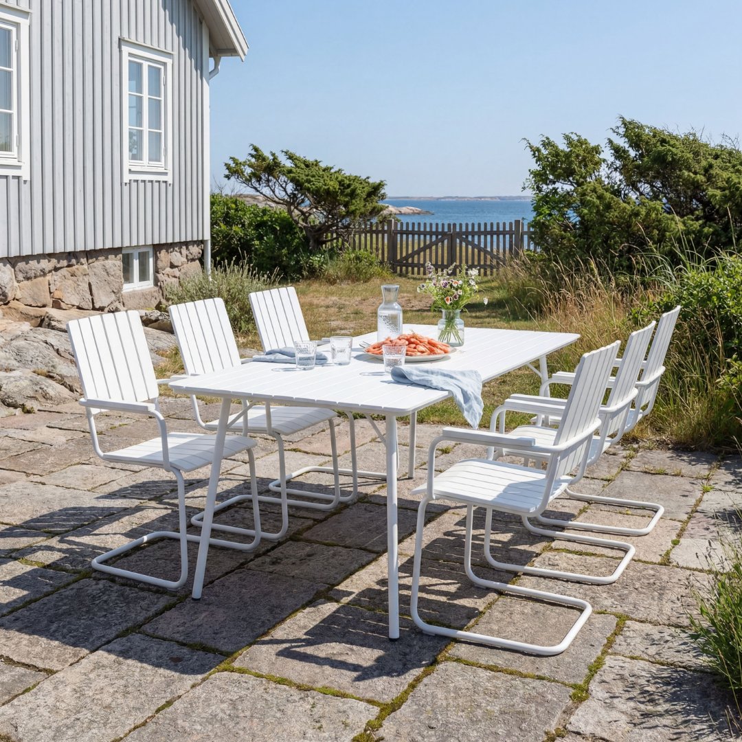 Utend�rs spisegruppe 6 stoler hvit 180 cm bord utem�bler + Rengj�ringsspray for utem�bler