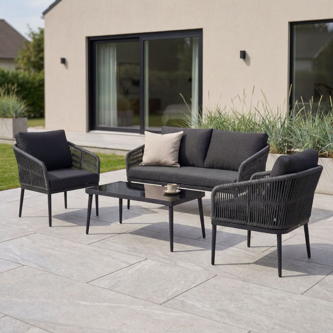 Molde salonggruppe med bord - Svart/grå rep + Tekstilimpregnering for utemøbler Molde salonggruppe med bord - Svart/grå rep + Tekstilimpregnering for utemøbler