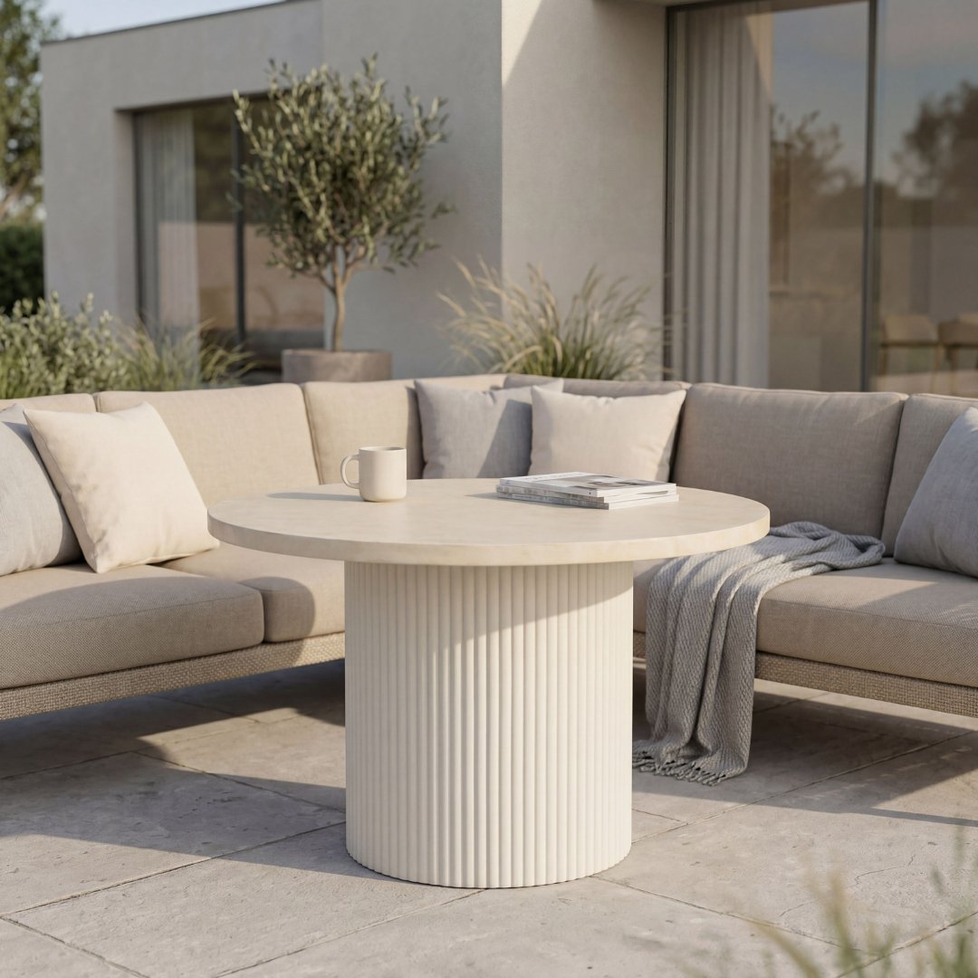 Rundt utebord Gardeney - Merca spisebord �122 cm hagebord + Rengj�ringsspray for utem�bler