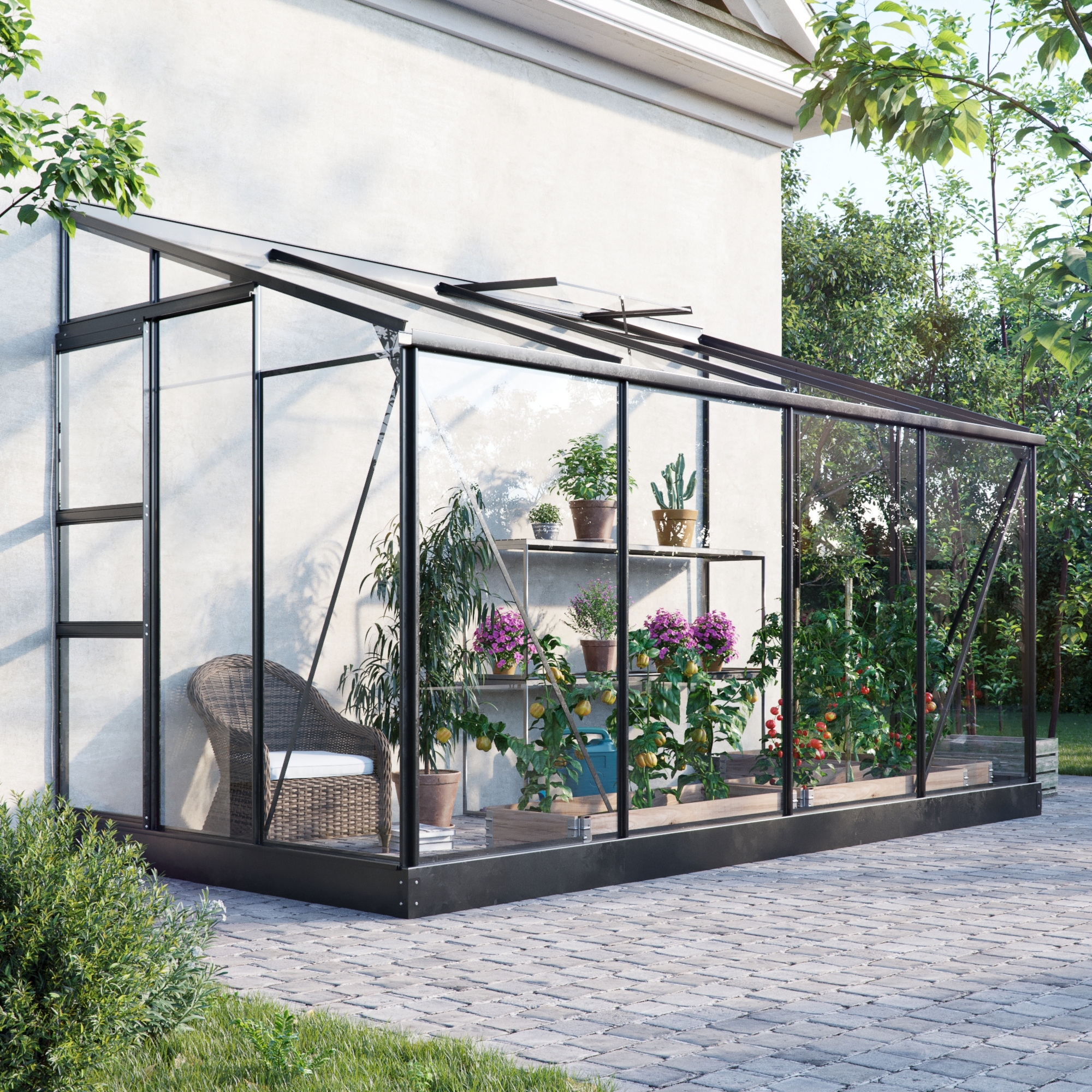 Veggdrivhus Mothone 7,2 m� - svart - herdet glass