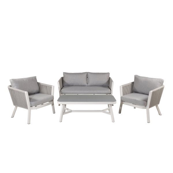 Loungesett gr� med hvite puter - Virya + M�belpleie
