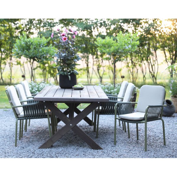 Oxford utendrs spisegruppe; brunt bord 220 cm inkl. 6 stk. Lincoln stabelbare karmstoler grnn/beige + Tekstilimpregnering for utembler