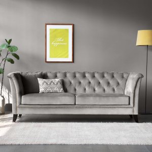 Chesterfield 3-seters sofa 210 cm grå fløyel Chesterfield 3-seters sofa 210 cm grå fløyel