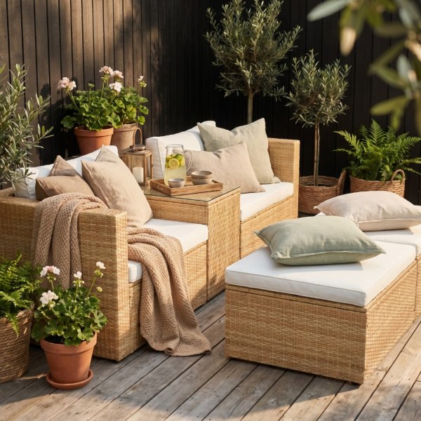 Loungegruppe i kunstrotting | Sofa med bord og 2 barkrakker til terrassen | Beige + Møbelpleie Loungegruppe i kunstrotting | Sofa med bord og 2 barkrakker til terrassen | Beige + Møbelpleie