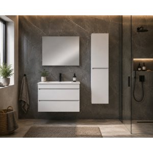 Baderomspakke 80 cm hvit med speil og sideskap - Valencia + 2.00 x Baderomskrok Baderomspakke 80 cm hvit med speil og sideskap - Valencia + 2.00 x Baderomskrok