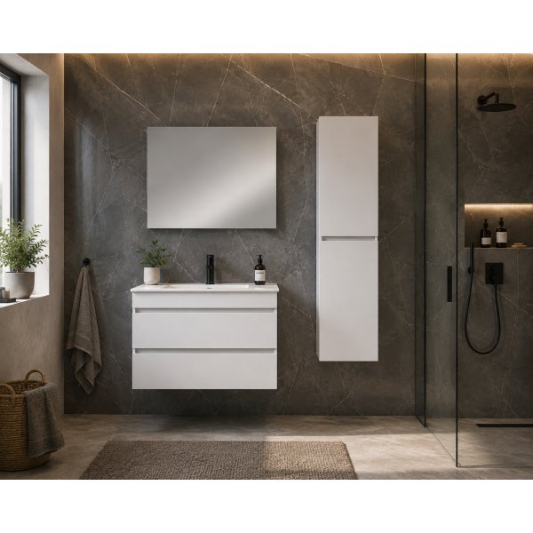 Baderomspakke 80 cm hvit med speil og sideskap - Valencia + Toalettpapirholder