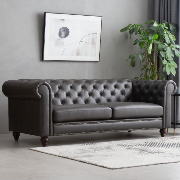 Sofa Chesterfield 3-seter 219 cm - m�rkebrun PU