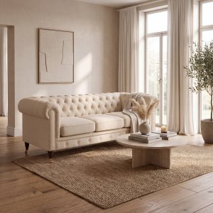 Sofa Chesterfield Cambridge Deluxe 225 cm - Lys grå beige fløyel Sofa Chesterfield Cambridge Deluxe 225 cm - Lys grå beige fløyel