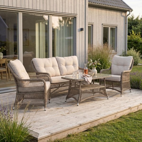 Utend�rs loungesett, 4 deler, syntetisk rotting, sofa, lenestoler, bord