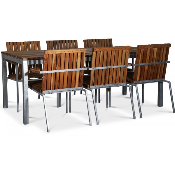 Alva spisegruppebord inkl. 6 stoler - Teak / Galvanisert stl