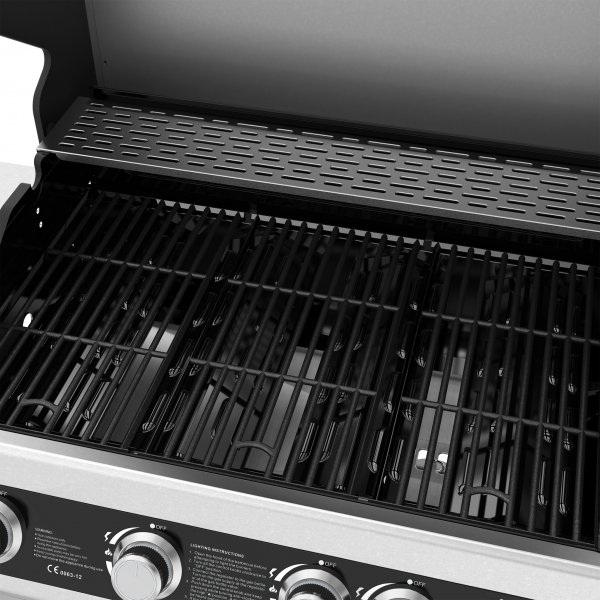 Gassgrill i rustfritt st�l med sidebrenner og glassvindu 68x42 cm