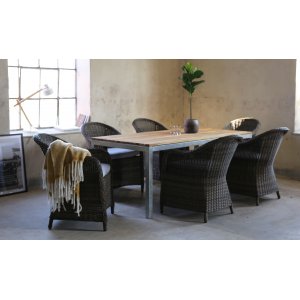 Matgruppe Alva: Spisebord i teak / galvanisert stl med 6 Mercury lenestoler i brun kunstrotting