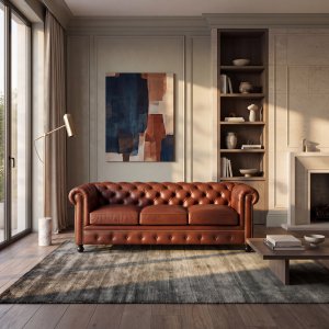 Brun Chesterfield 3-seters sofa i ekte skinn - Old England 220x90x77 cm