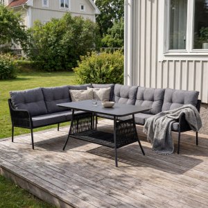 Hjørnesofa svart med grå puter - Berlin + Møbelpleie Hjørnesofa svart med grå puter - Berlin + Møbelpleie