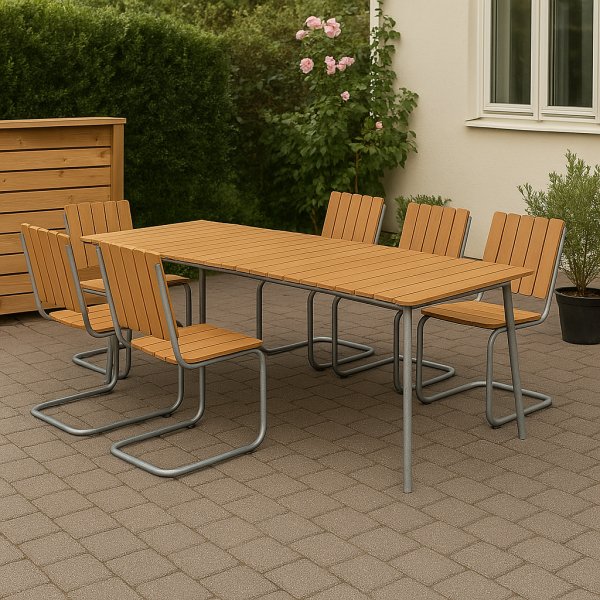 Utendrs spisegruppe Mllan bord 176x90 cm med 6 stoler - Teak / Galvanisert stl
