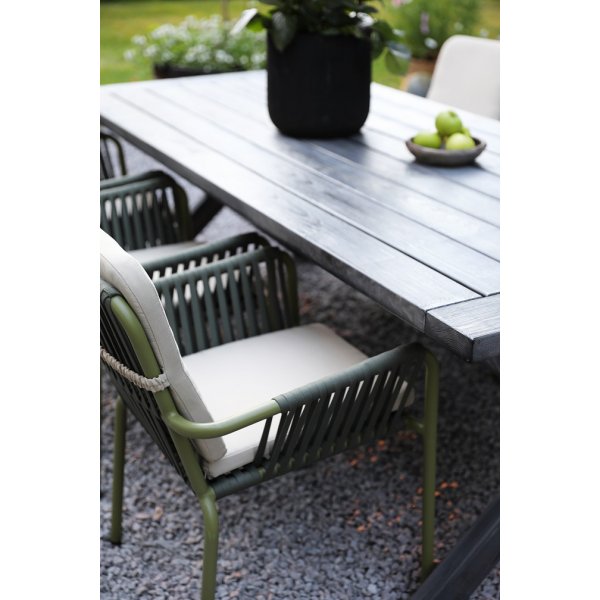 Oxford utendrs spisegruppe; grtt bord 220 cm inkl. 6 stk. Lincoln stabelbare karmstoler grnn/beige