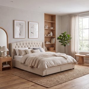 Sengeramme 180x200 cm Lady - Beige ramme i mykt stoff med oppbevaring og hodegavl