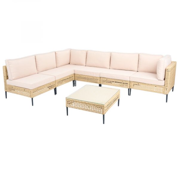 Stor utend�rs hj�rnesofa med bord | Loungesett i kunstrotting | Kremfarget