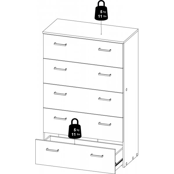 Space kommode hvit med 5 skuffer, bredde 74 cm og h�yde 115 cm