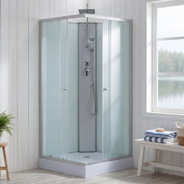 Dusjkabinett 80�80x205 cm | Hvitt glass og helt lukket | Aether