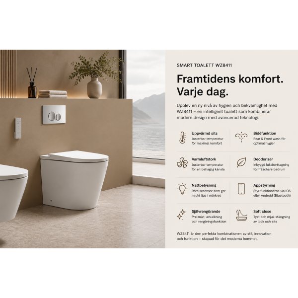 Smart gulvstående toalett | Oppvarmet sete | Bidetfunksjon | Bluetooth- og appkontroll | Hvit Smart gulvstående toalett | Oppvarmet sete | Bidetfunksjon | Bluetooth- og appkontroll | Hvit