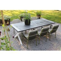 Oxford utendørs spisegruppe; grått/hvitt bord 220 cm inkl. 6 stk. Lincoln stabelbare karmstoler grønn/beige Oxford utendørs spisegruppe; grått/hvitt bord 220 cm inkl. 6 stk. Lincoln stabelbare karmstoler grønn/beige