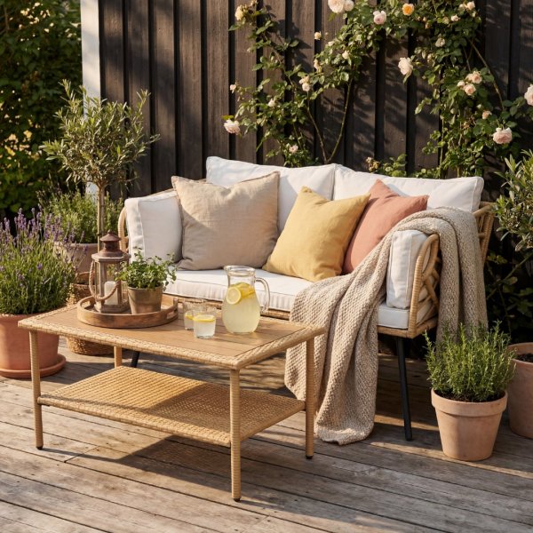 Balkongsett 2-seters sofa med bord + Kompakt loungesett for balkong + Beige + Flekkfjerner for m�bler