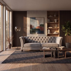 3-seters Chesterfield-sofa - grå fløyel med knappesøm - bredde 210 cm 3-seters Chesterfield-sofa - grå fløyel med knappesøm - bredde 210 cm