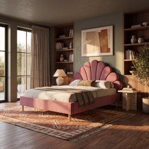 Sengeramme 160x200 cm - Rosa fl�yelsstoff - Polstret ramme 215x185 og hodegavl - Saga