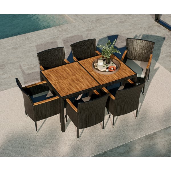 Texas utegruppebord 150 cm inkl. 6 stoler - svart/akasie