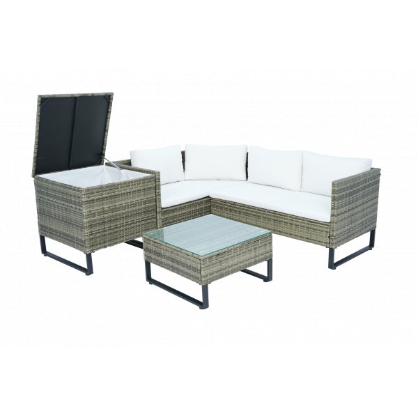 Hjørnesofasett grå kunstrottingsofa med bord og puteboks + Flekkfjerner for møbler Hjørnesofasett grå kunstrottingsofa med bord og puteboks + Flekkfjerner for møbler