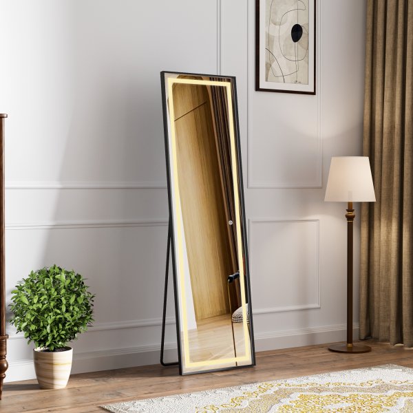 Stende speil med belysning - 170x50 cm - svart ramme