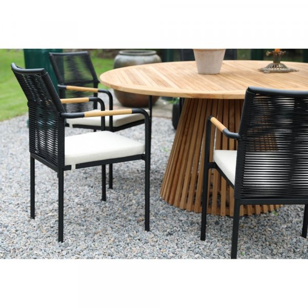 Saltö uteservering rundt bord Ø150 cm med 6 Skanör lenestoler - Teak/Sort + Tekstilimpregnering for utemøbler Saltö uteservering rundt bord Ø150 cm med 6 Skanör lenestoler - Teak/Sort + Tekstilimpregnering for utemøbler