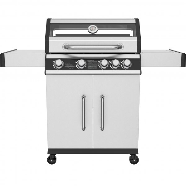 Gassgrill i rustfritt stål med sidebrenner og glassvindu 68x42 cm Gassgrill i rustfritt stål med sidebrenner og glassvindu 68x42 cm