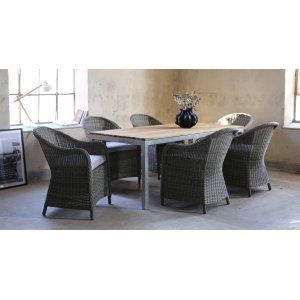 Matgruppe Alva: Spisebord i teak / galvanisert stl med 6 Mercury lenestoler i gr kunstrotting