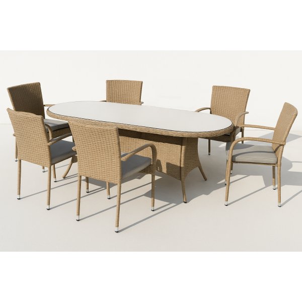 Utendørs spisegruppe - Menton & Majken | Naturfarget syntetisk rotting | 6 stabelbare stoler Utendørs spisegruppe - Menton & Majken | Naturfarget syntetisk rotting | 6 stabelbare stoler