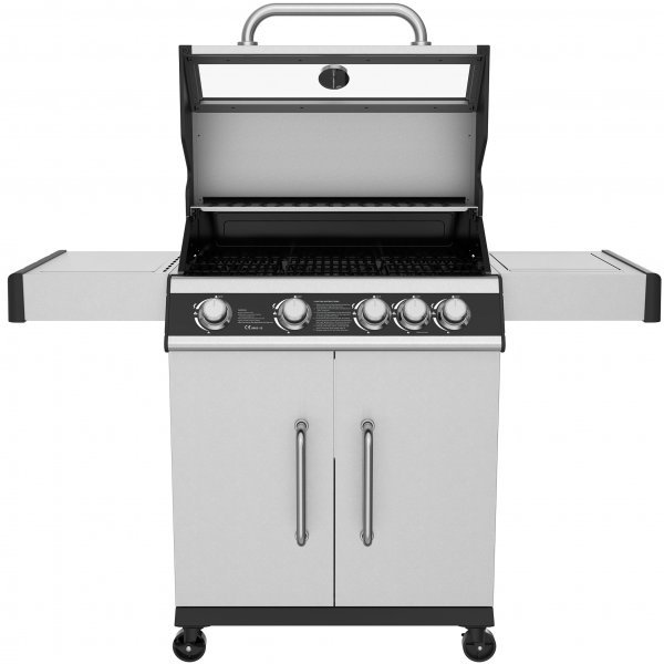 Gassgrill i rustfritt stål med sidebrenner og glassvindu 68x42 cm Gassgrill i rustfritt stål med sidebrenner og glassvindu 68x42 cm