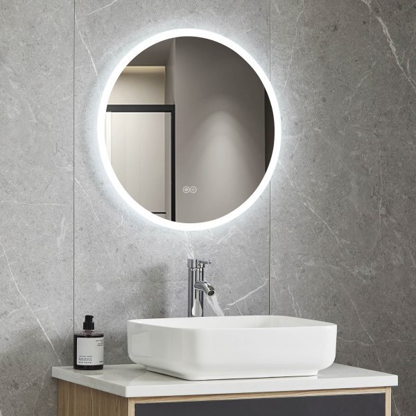 Rundt baderomsspeil 60 cm med LED-belysning, dimmer, antidugg og ber�ringskontroll