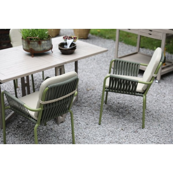 Spisegruppe Salt� gr� teak: Klaffbord inkl. 4 stk. gr�nne Lincoln-karmstoler