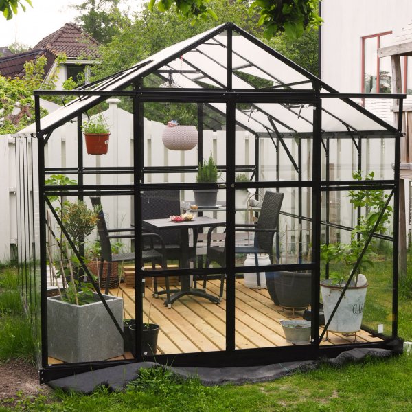 Glassdrivhus 8,0m� sikkerhetsglass svart aluminium