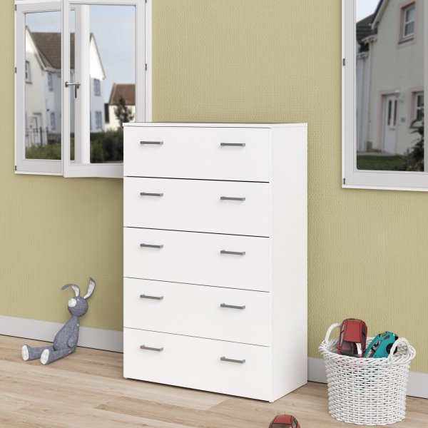 Space kommode hvit med 5 skuffer, bredde 74 cm og h�yde 115 cm