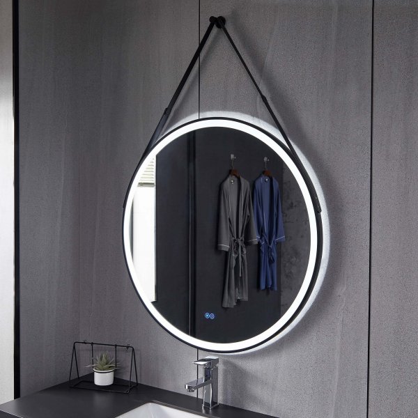 Rundt speil 80 cm med LED-belysning, antidugg og opphengsstropp