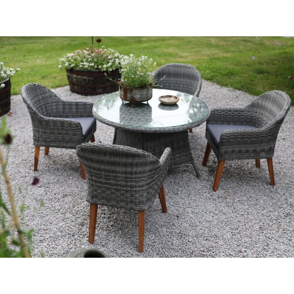 Jacksonville utendrs spisegruppe; 110 cm rundt bord inkl. 4 stk. Valetta lenestoler i gr kunstrotting + Tekstilimpregnering for utembler