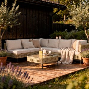 Stor utendørs hjørnesofa med bord | Loungesett i kunstrotting | Kremfarget Stor utendørs hjørnesofa med bord | Loungesett i kunstrotting | Kremfarget