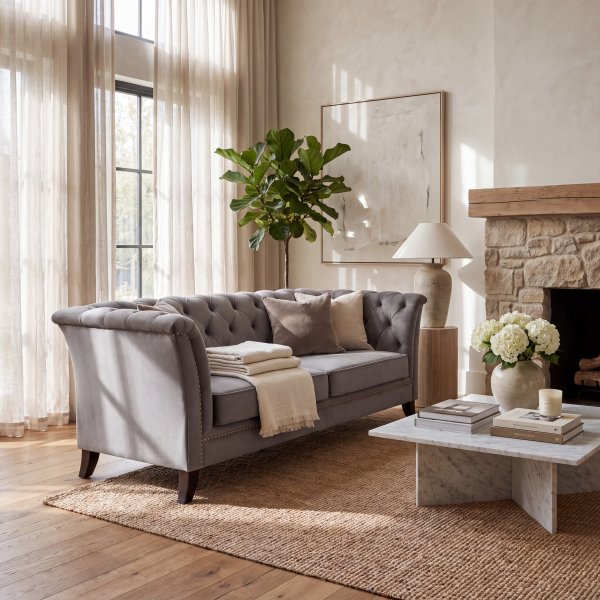 Grå Chesterfield-sofa Milton 2-seter i fløyel og eukalyptus - 162 cm Grå Chesterfield-sofa Milton 2-seter i fløyel og eukalyptus - 162 cm