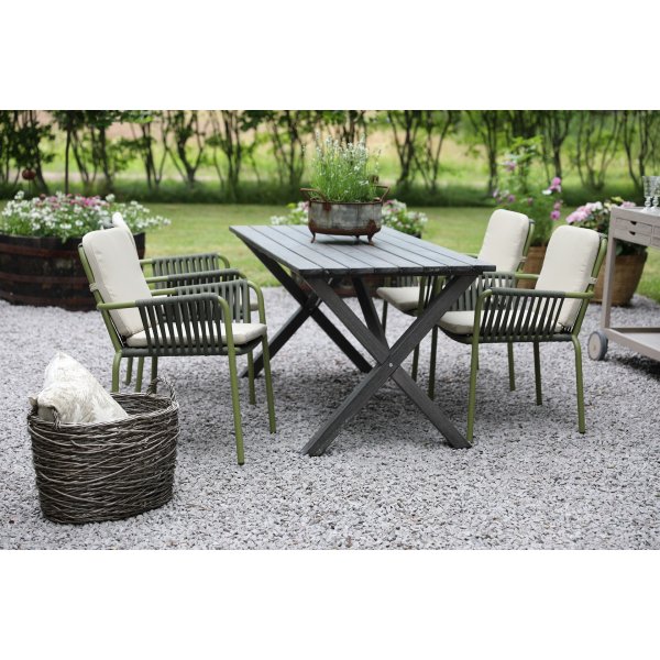 Spisegruppe Scottsdale: bord 150 cm inkludert 4 stk. stabelbare grønne Lincoln-stoler Spisegruppe Scottsdale: bord 150 cm inkludert 4 stk. stabelbare grønne Lincoln-stoler